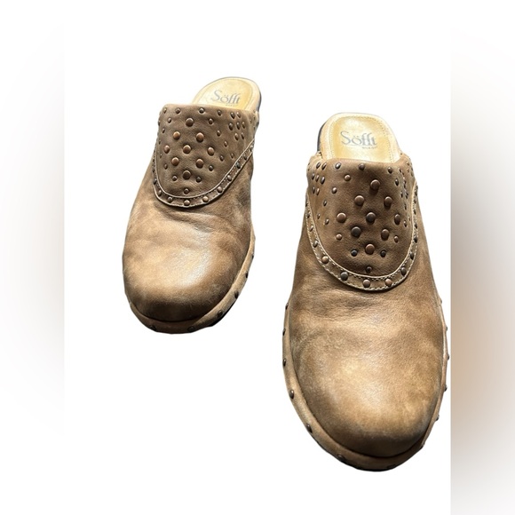 SOFFT women’s tan leather 10M slip on mules clog shows w heel NWOB - Picture 11 of 12